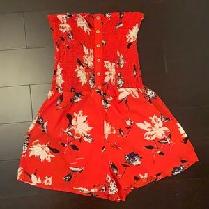 SIZE SMALL, ROMPER, RED WITH FLOWERS